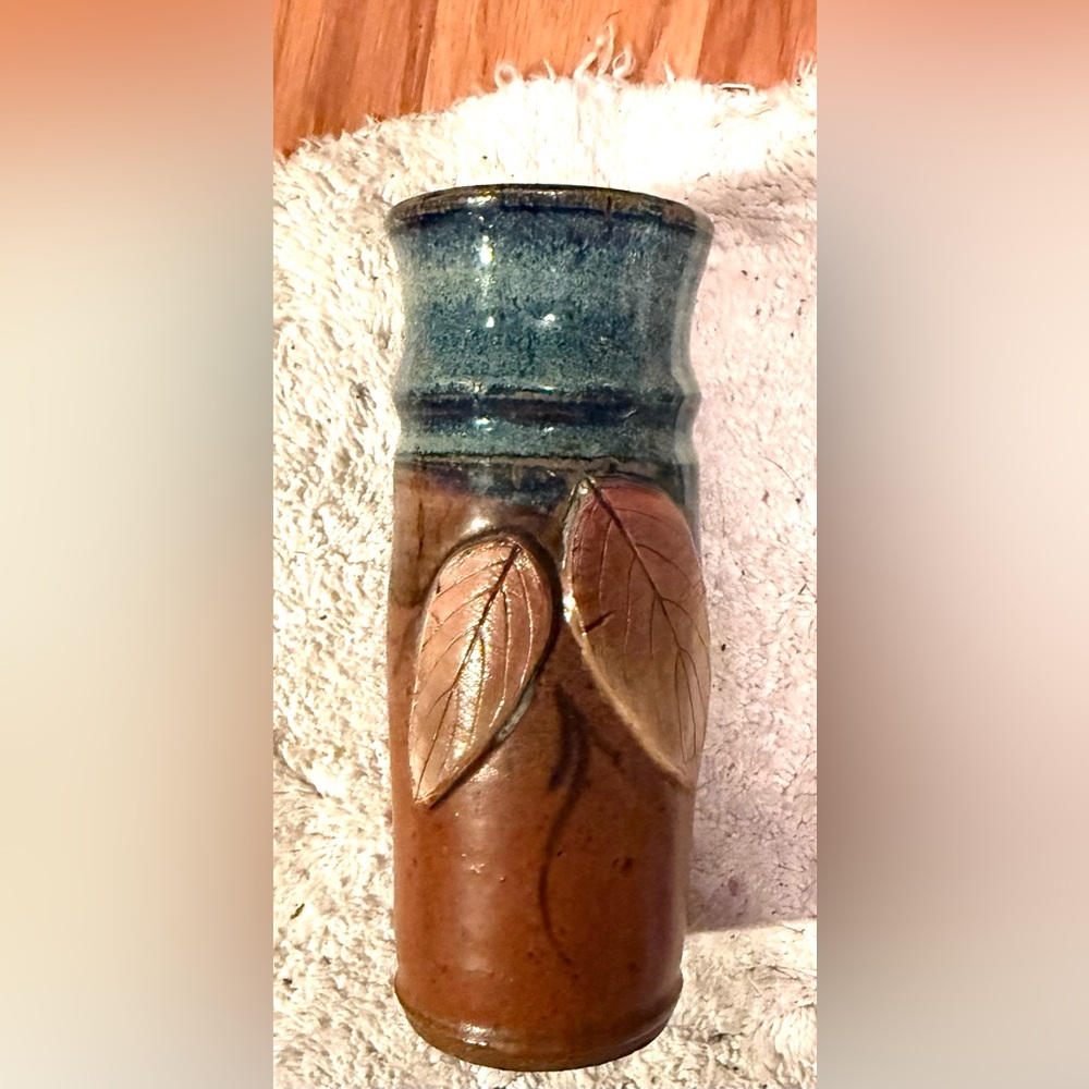 Handmade 3 D stoneware pottery.Decorative fall look art piece vase with a Leaves